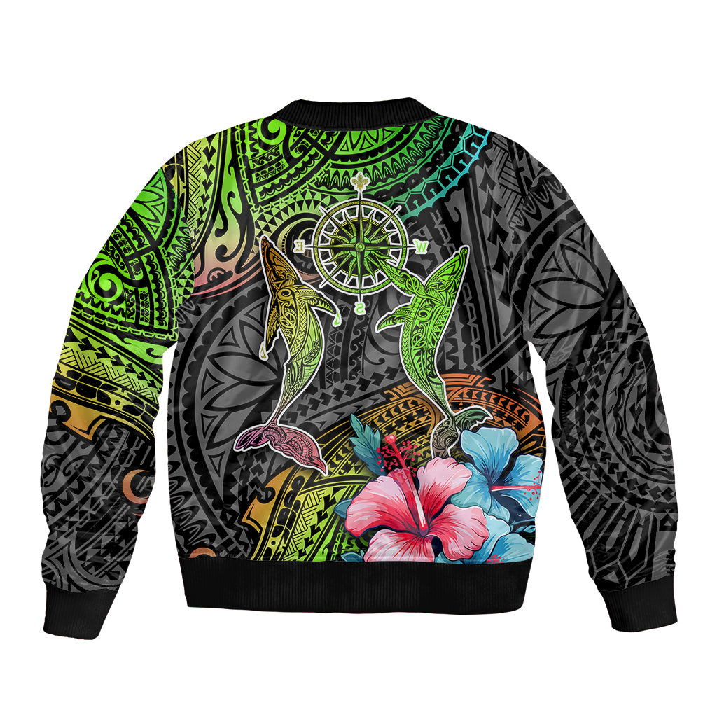 Polynesian Bomber Jacket Whales and Compass Gradient Pattern - Wonder Print Shop