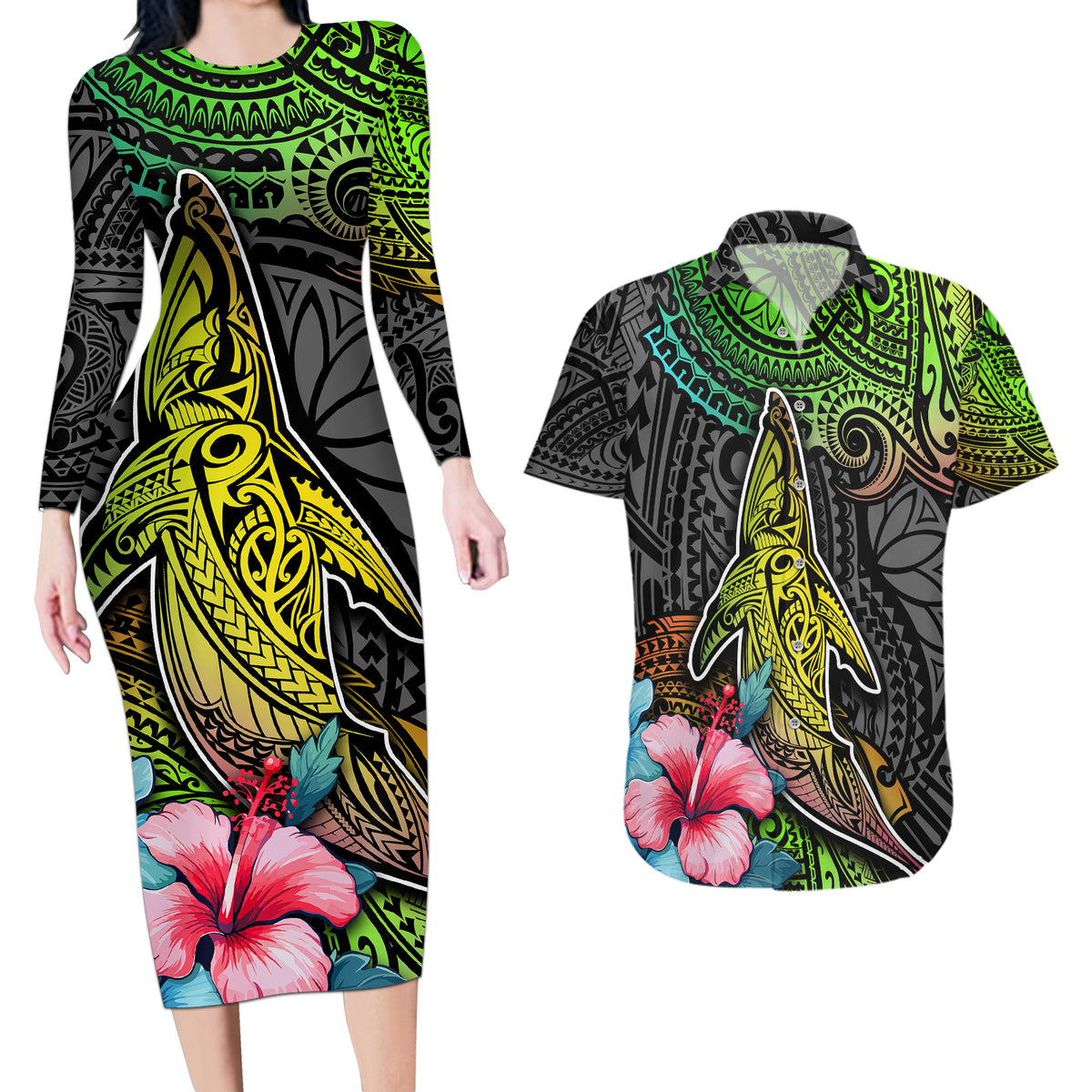 Polynesian Couples Matching Long Sleeve Bodycon Dress and Hawaiian Shirt Whales and Compass Gradient Pattern - Wonder Print Shop