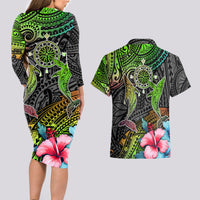 Polynesian Couples Matching Long Sleeve Bodycon Dress and Hawaiian Shirt Whales and Compass Gradient Pattern - Wonder Print Shop