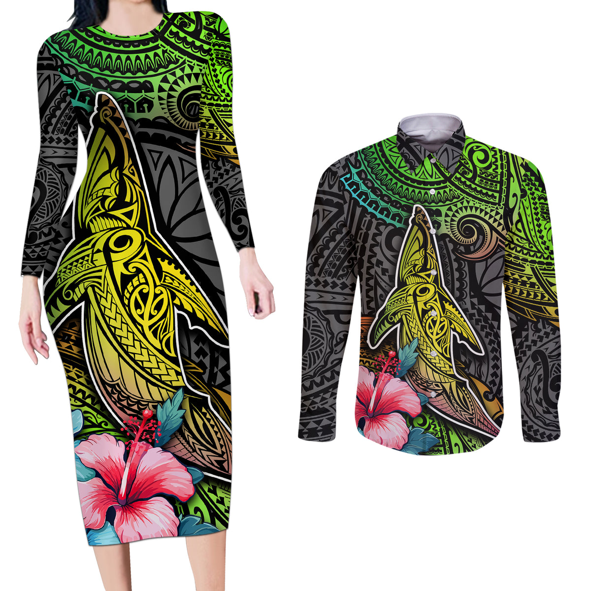 Polynesian Couples Matching Long Sleeve Bodycon Dress and Long Sleeve Button Shirts Whales and Compass Gradient Pattern - Wonder Print Shop