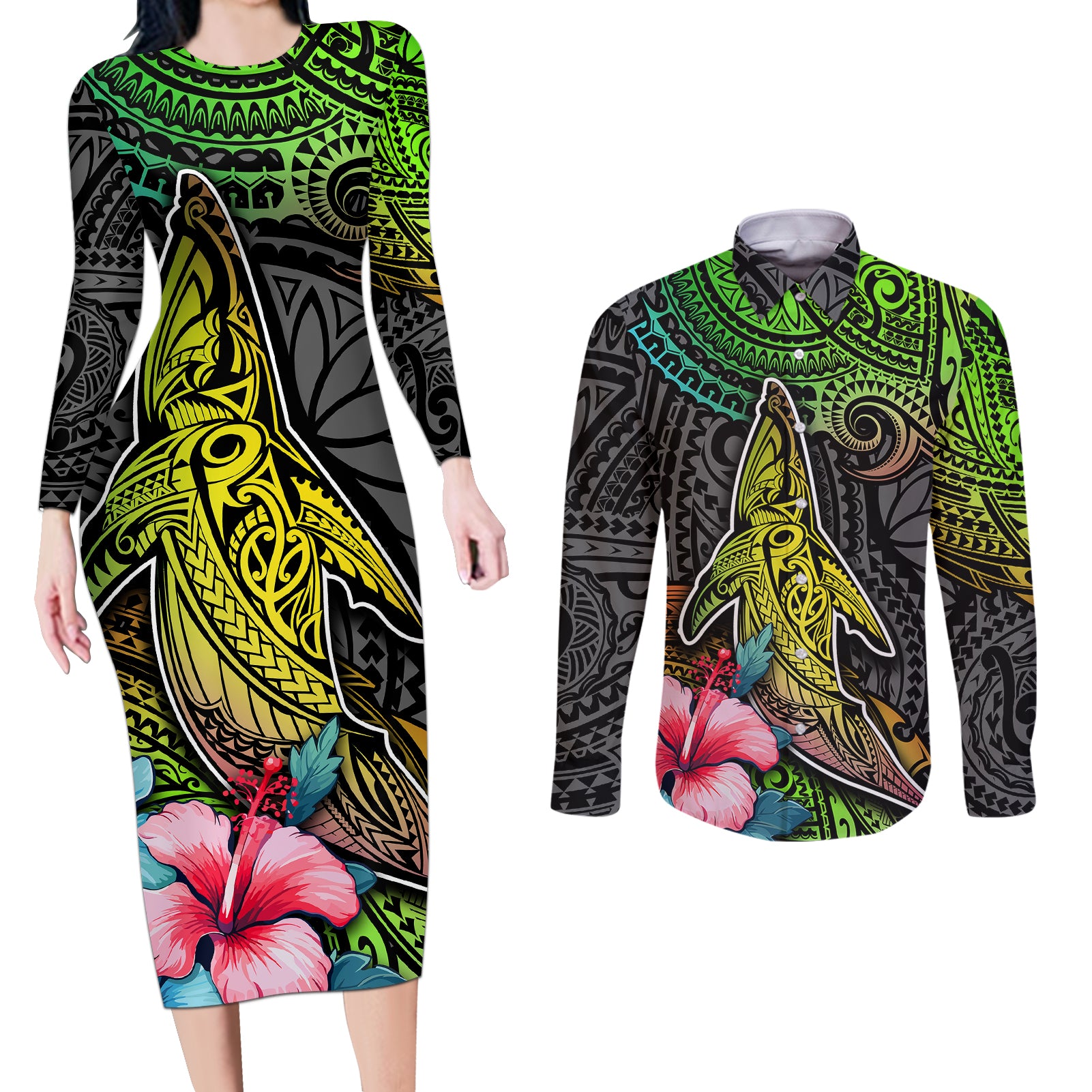 Polynesian Couples Matching Long Sleeve Bodycon Dress and Long Sleeve Button Shirts Whales and Compass Gradient Pattern - Wonder Print Shop