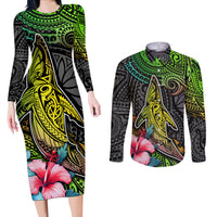 Polynesian Couples Matching Long Sleeve Bodycon Dress and Long Sleeve Button Shirts Whales and Compass Gradient Pattern - Wonder Print Shop
