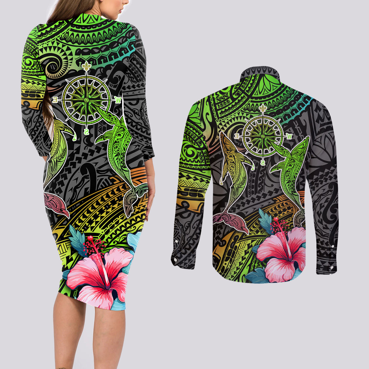 Polynesian Couples Matching Long Sleeve Bodycon Dress and Long Sleeve Button Shirts Whales and Compass Gradient Pattern - Wonder Print Shop