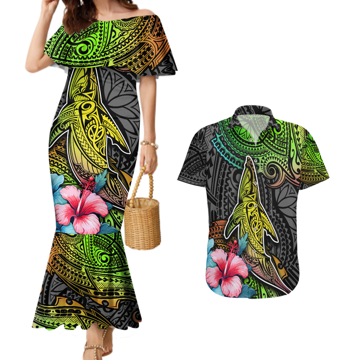 Polynesian Couples Matching Mermaid Dress and Hawaiian Shirt Whales and Compass Gradient Pattern - Wonder Print Shop