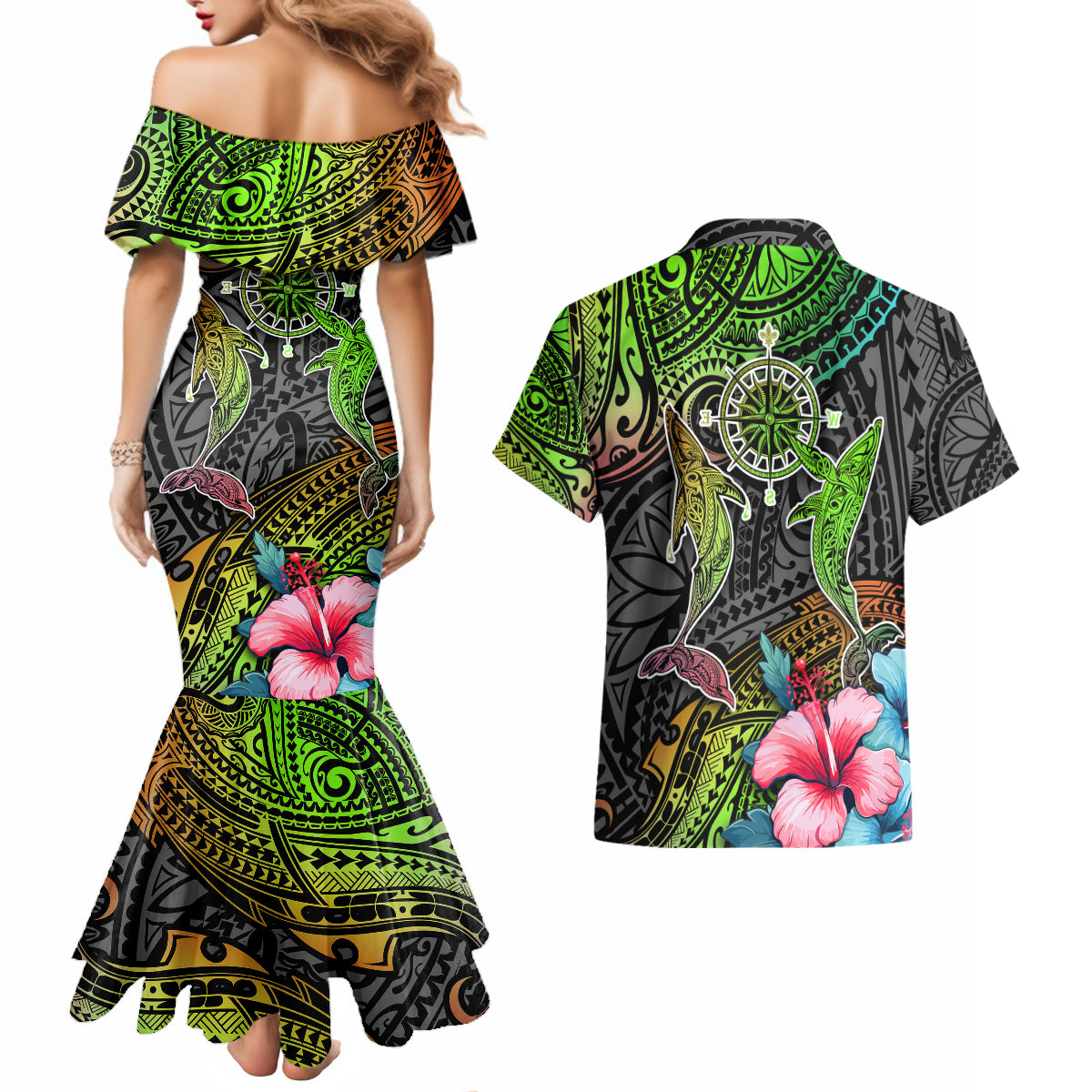 Polynesian Couples Matching Mermaid Dress and Hawaiian Shirt Whales and Compass Gradient Pattern - Wonder Print Shop