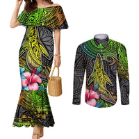 polynesian-couples-matching-mermaid-dress-and-long-sleeve-button-shirts-whales-and-compass-gradient-pattern