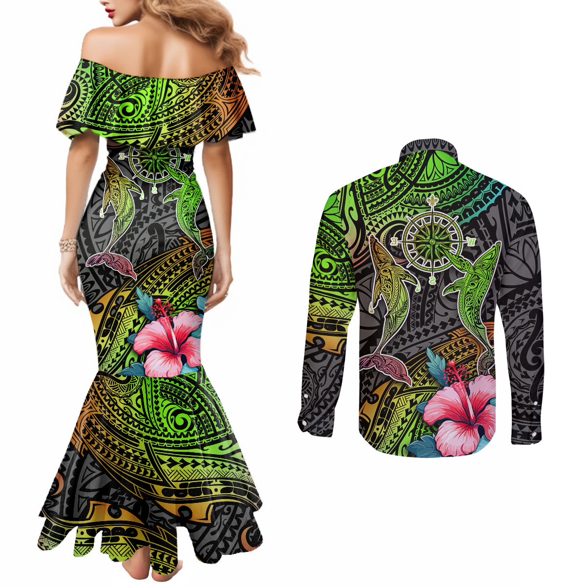 polynesian-couples-matching-mermaid-dress-and-long-sleeve-button-shirts-whales-and-compass-gradient-pattern