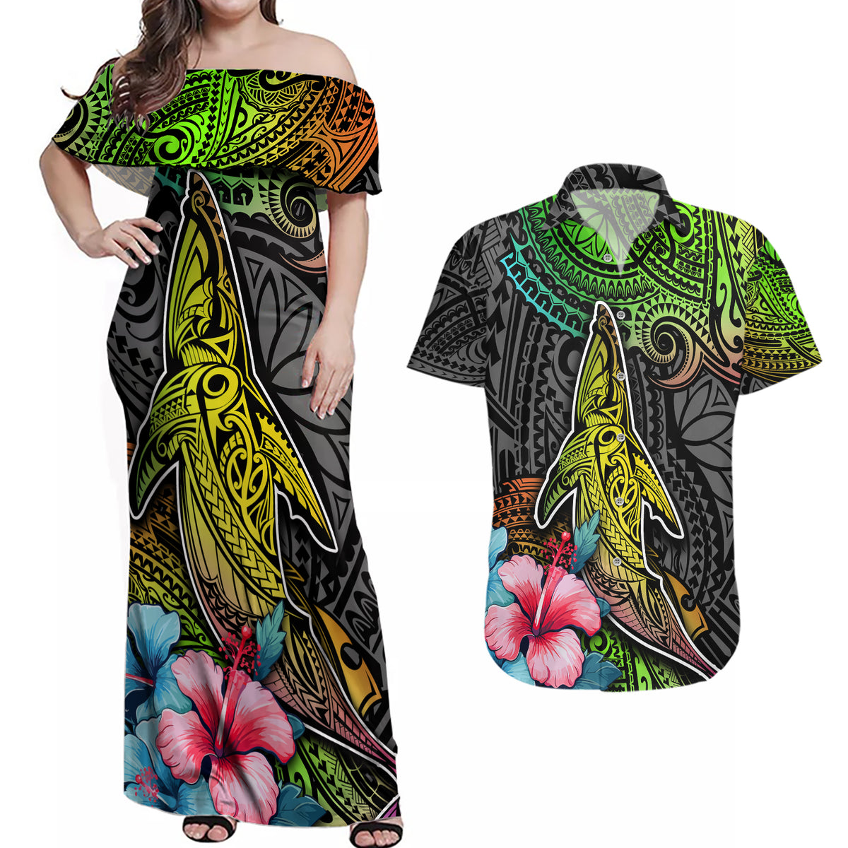 Polynesian Couples Matching Off Shoulder Maxi Dress and Hawaiian Shirt Whales and Compass Gradient Pattern - Wonder Print Shop