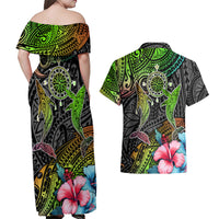 Polynesian Couples Matching Off Shoulder Maxi Dress and Hawaiian Shirt Whales and Compass Gradient Pattern - Wonder Print Shop