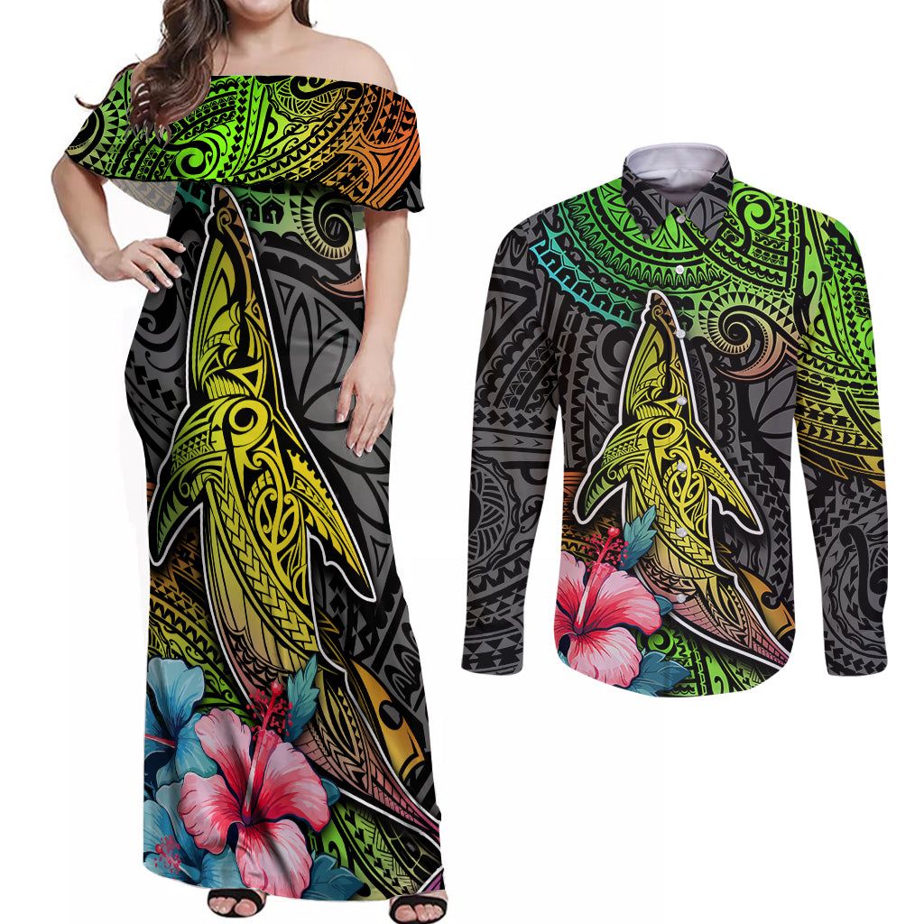 Polynesian Couples Matching Off Shoulder Maxi Dress and Long Sleeve Button Shirts Whales and Compass Gradient Pattern - Wonder Print Shop