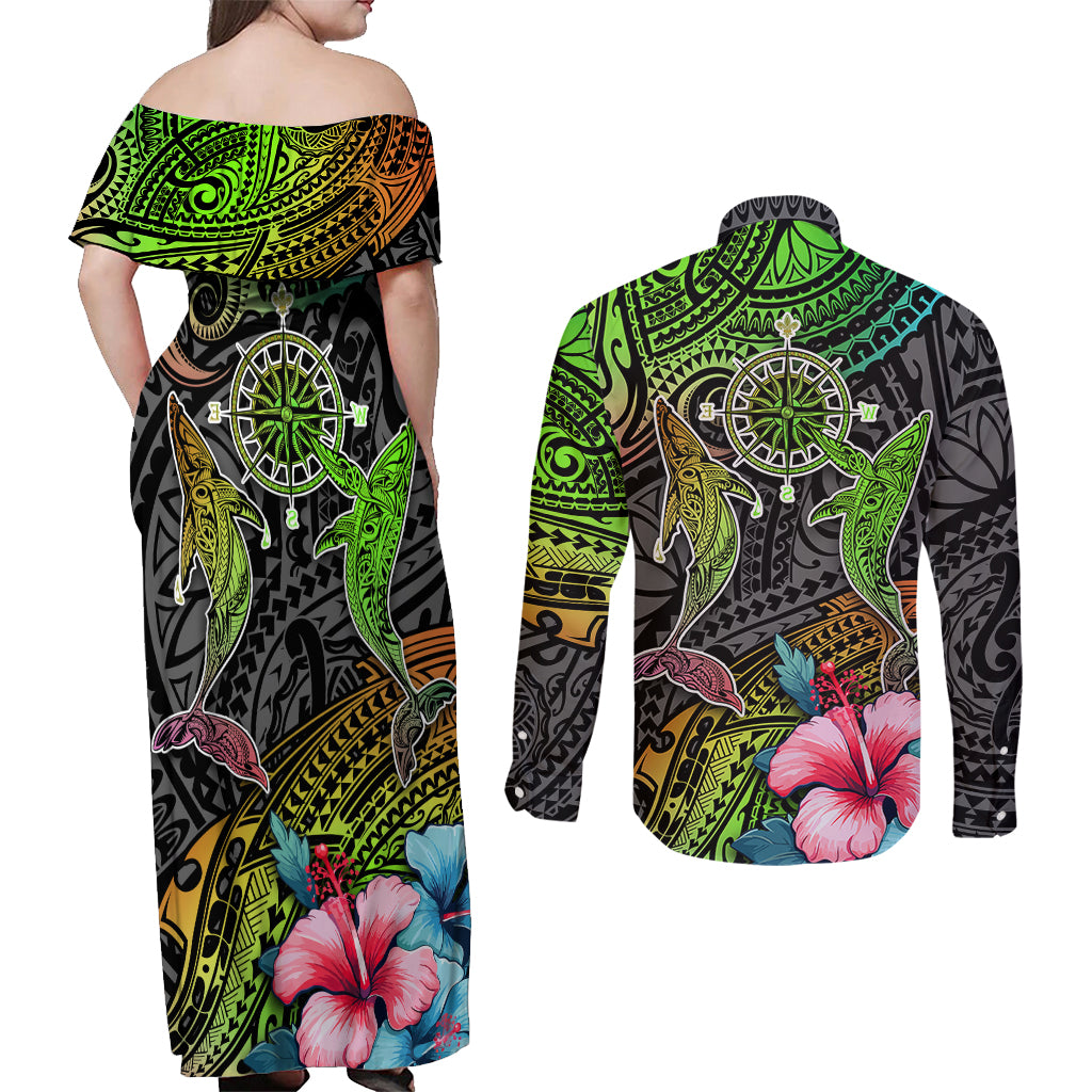 Polynesian Couples Matching Off Shoulder Maxi Dress and Long Sleeve Button Shirts Whales and Compass Gradient Pattern - Wonder Print Shop