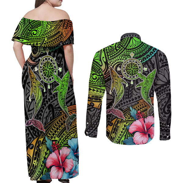 Hawaii Humpback Whale Couples Matching Summer Maxi Dress and Long Sleeve Button Shirts Be Strong - Pray For Maui LT7