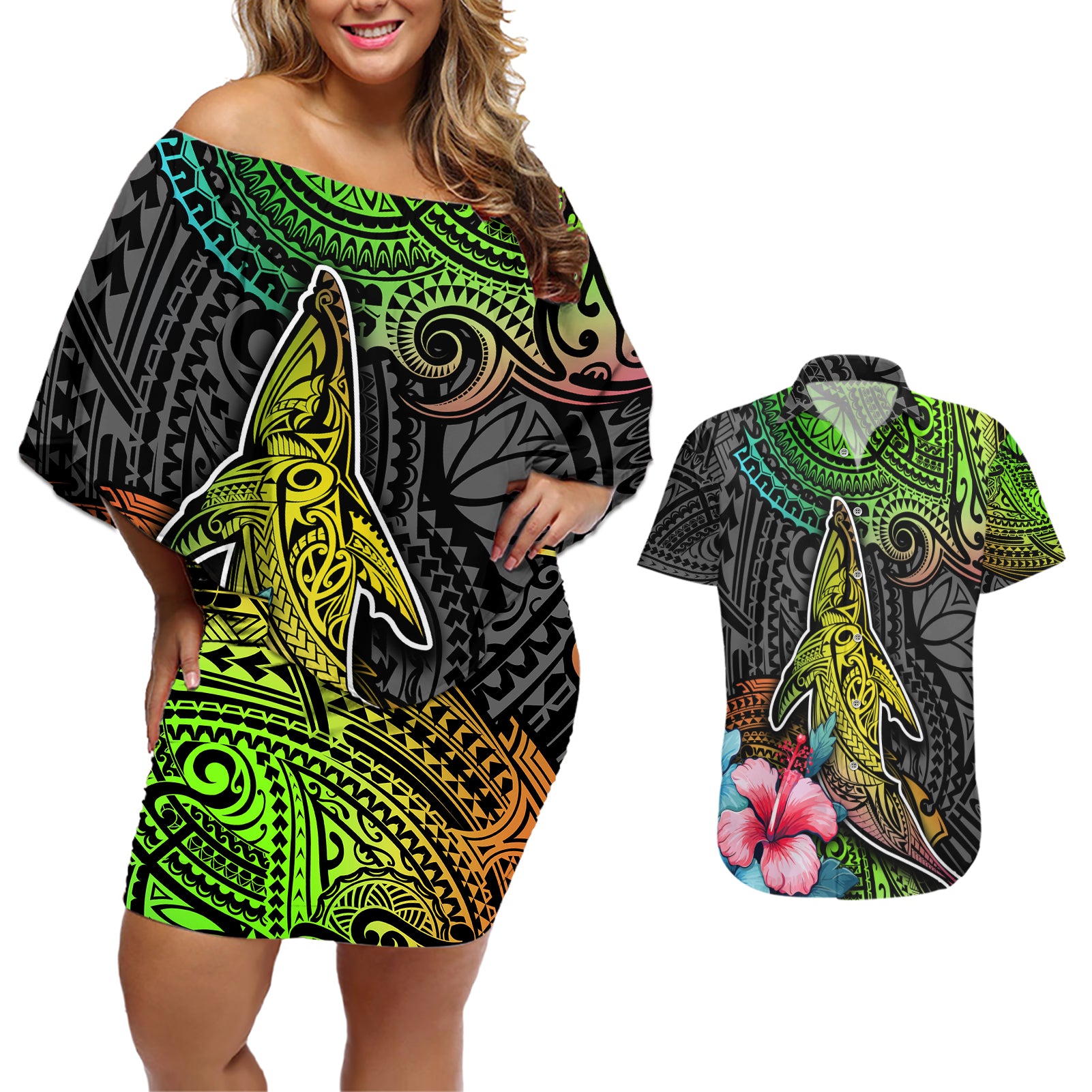 Polynesian Couples Matching Off Shoulder Short Dress and Hawaiian Shirt Whales and Compass Gradient Pattern - Wonder Print Shop