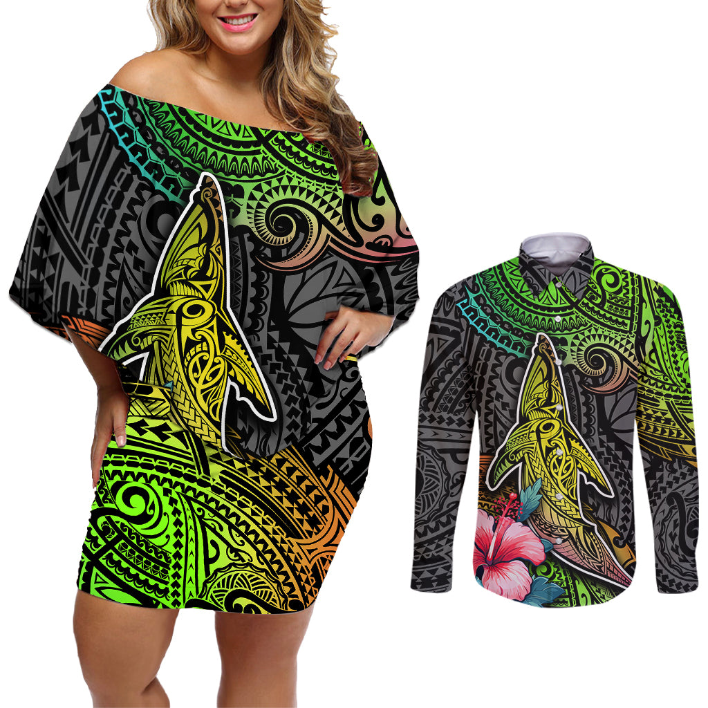 Polynesian Couples Matching Off Shoulder Short Dress and Long Sleeve Button Shirts Whales and Compass Gradient Pattern - Wonder Print Shop