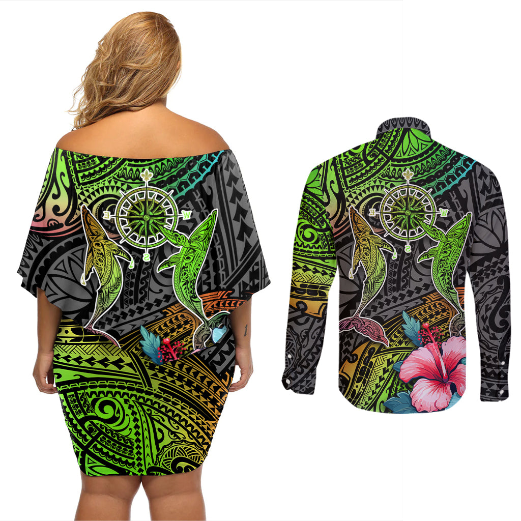 Polynesian Couples Matching Off Shoulder Short Dress and Long Sleeve Button Shirts Whales and Compass Gradient Pattern - Wonder Print Shop