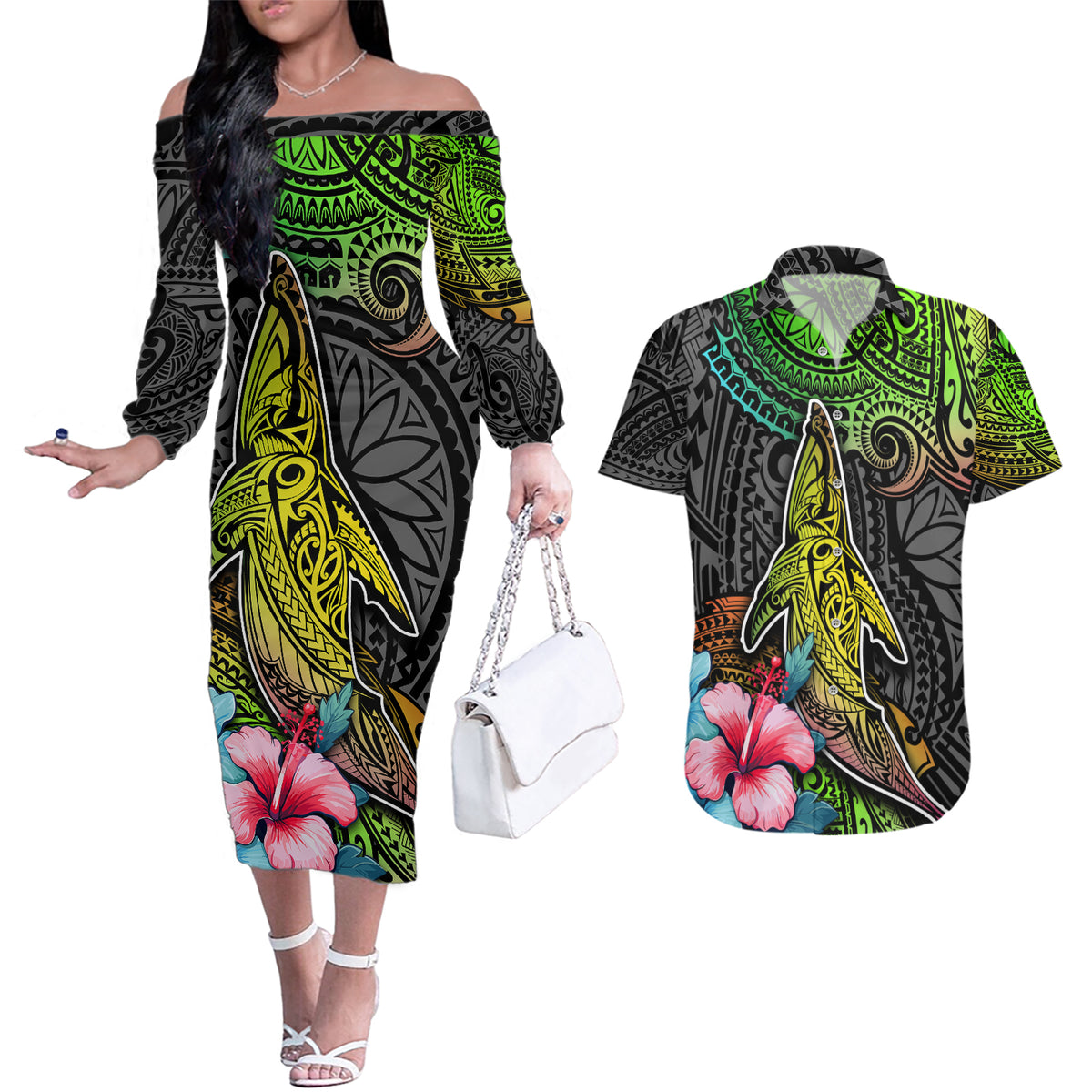 Polynesian Couples Matching Off The Shoulder Long Sleeve Dress and Hawaiian Shirt Whales and Compass Gradient Pattern - Wonder Print Shop
