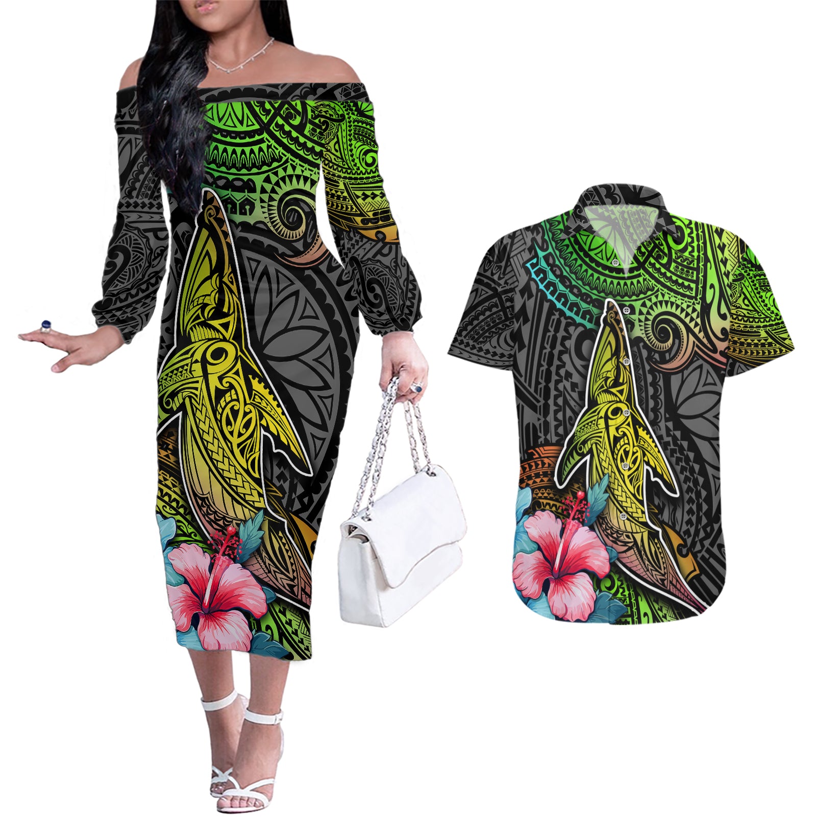 Polynesian Couples Matching Off The Shoulder Long Sleeve Dress and Hawaiian Shirt Whales and Compass Gradient Pattern - Wonder Print Shop