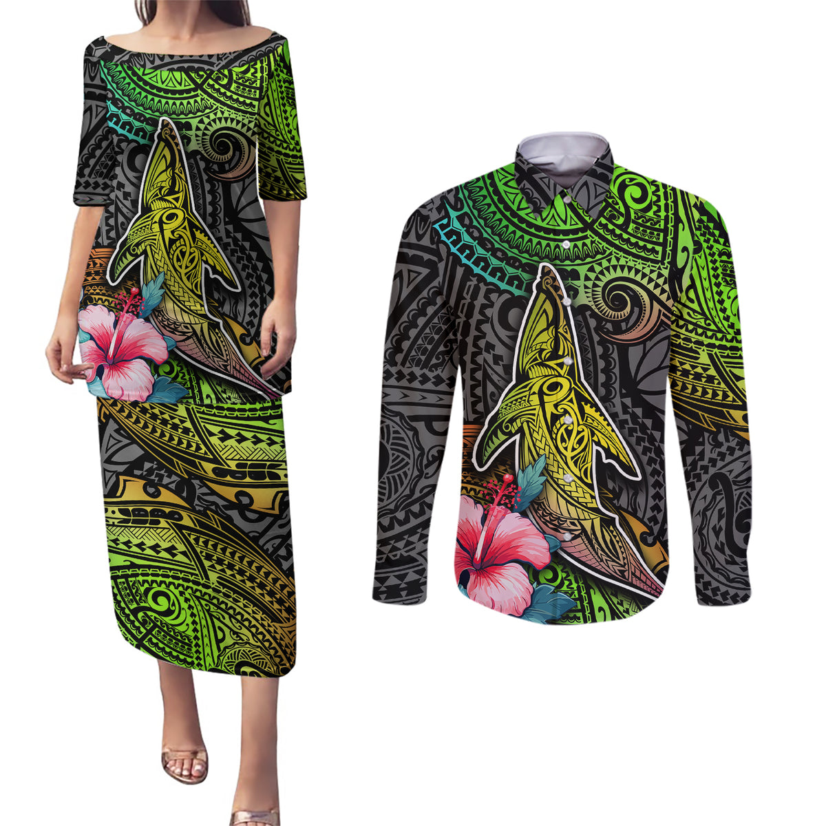 Polynesian Couples Matching Puletasi Dress and Long Sleeve Button Shirts Whales and Compass Gradient Pattern - Wonder Print Shop