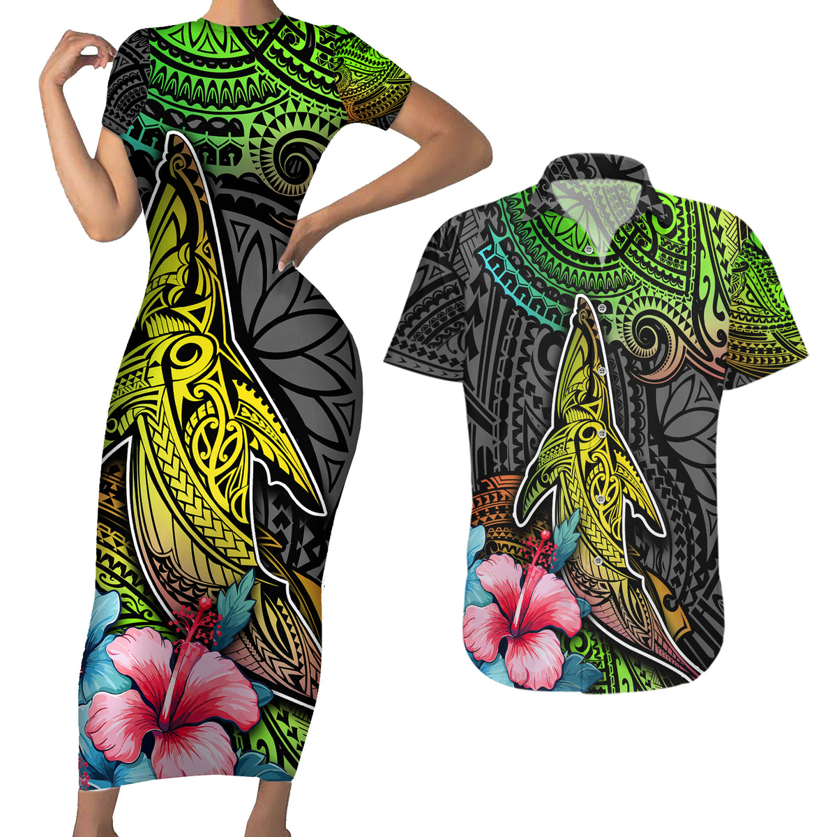 Polynesian Couples Matching Short Sleeve Bodycon Dress and Hawaiian Shirt Whales and Compass Gradient Pattern - Wonder Print Shop