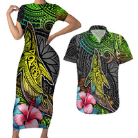 Polynesian Couples Matching Short Sleeve Bodycon Dress and Hawaiian Shirt Whales and Compass Gradient Pattern - Wonder Print Shop