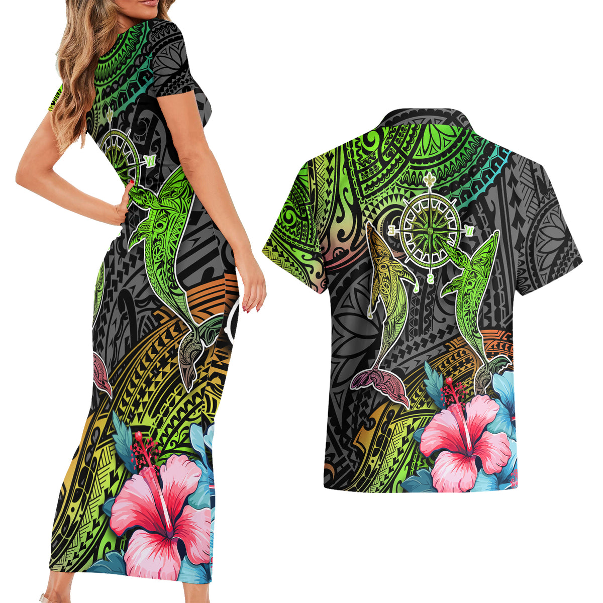 Polynesian Couples Matching Short Sleeve Bodycon Dress and Hawaiian Shirt Whales and Compass Gradient Pattern - Wonder Print Shop