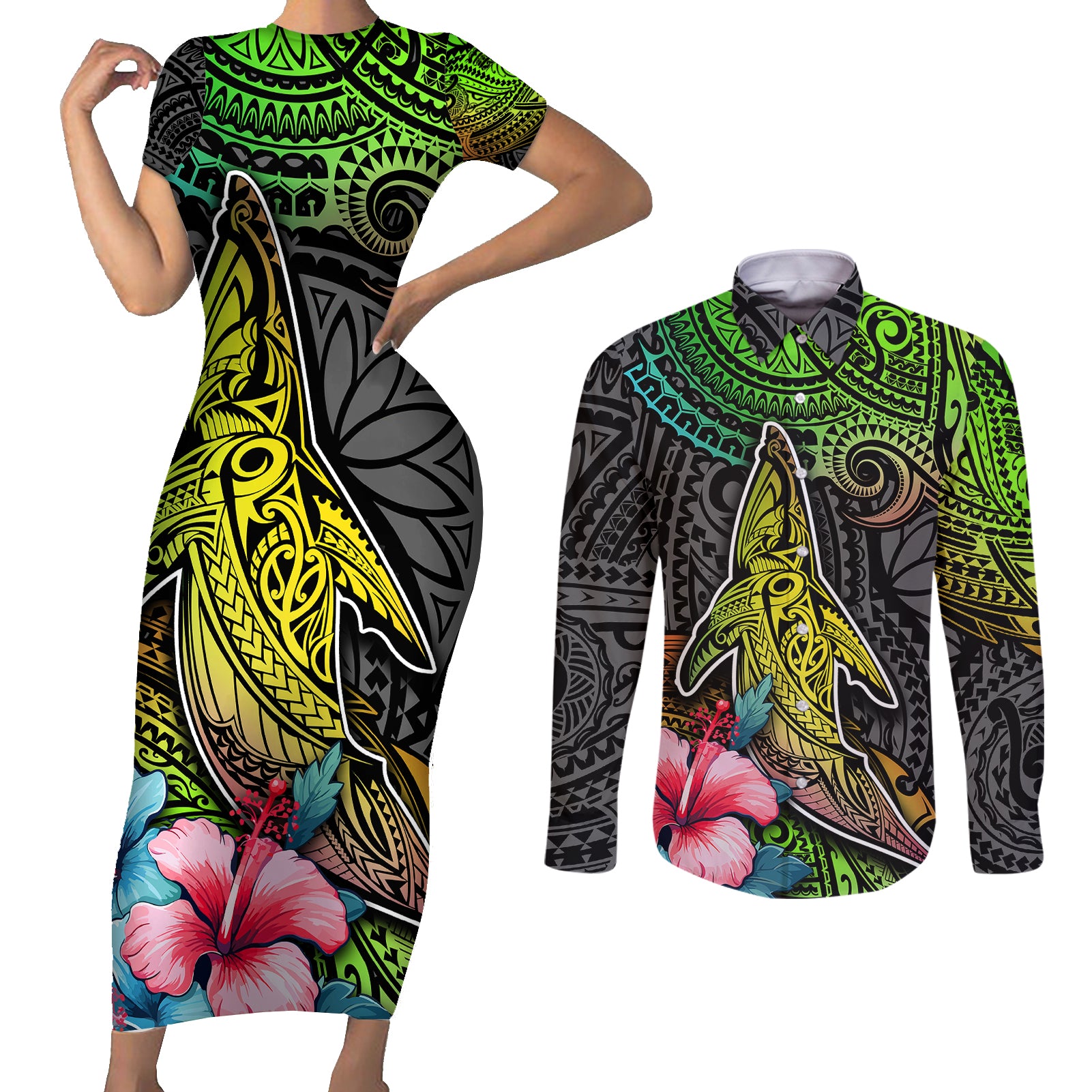Polynesian Couples Matching Short Sleeve Bodycon Dress and Long Sleeve Button Shirts Whales and Compass Gradient Pattern - Wonder Print Shop