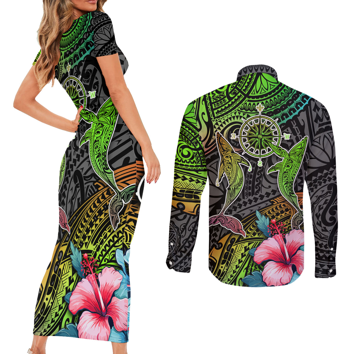 Polynesian Couples Matching Short Sleeve Bodycon Dress and Long Sleeve Button Shirts Whales and Compass Gradient Pattern - Wonder Print Shop