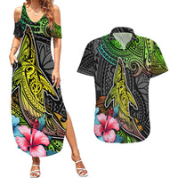 Polynesian Couples Matching Summer Maxi Dress and Hawaiian Shirt Whales and Compass Gradient Pattern - Wonder Print Shop