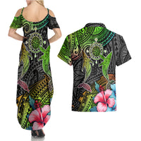 Polynesian Couples Matching Summer Maxi Dress and Hawaiian Shirt Whales and Compass Gradient Pattern - Wonder Print Shop