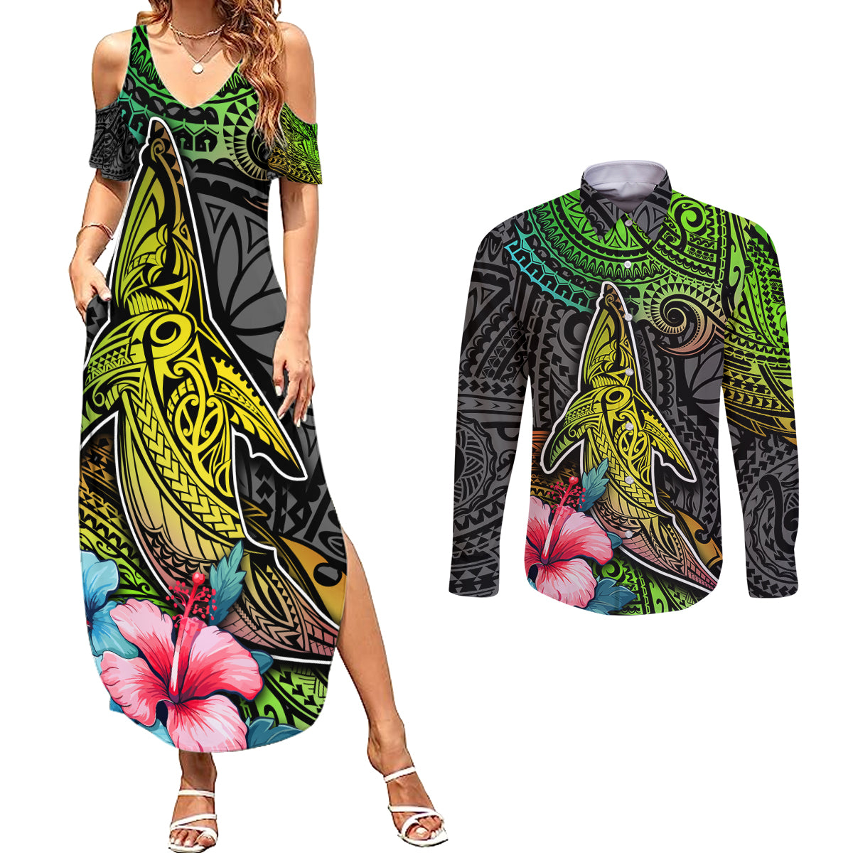 Polynesian Couples Matching Summer Maxi Dress and Long Sleeve Button Shirts Whales and Compass Gradient Pattern - Wonder Print Shop