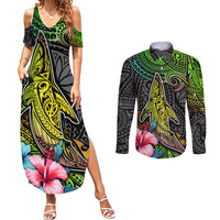 Polynesian Couples Matching Summer Maxi Dress and Long Sleeve Button Shirts Whales and Compass Gradient Pattern - Wonder Print Shop