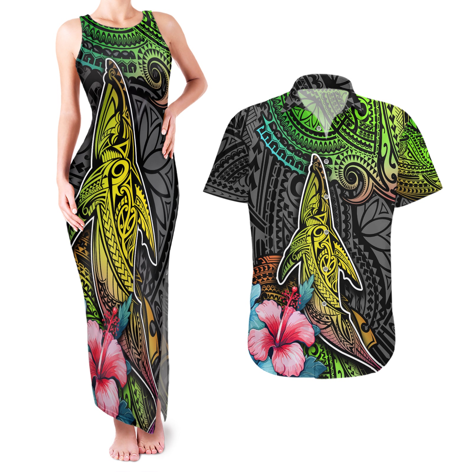 Polynesian Couples Matching Tank Maxi Dress and Hawaiian Shirt Whales and Compass Gradient Pattern - Wonder Print Shop