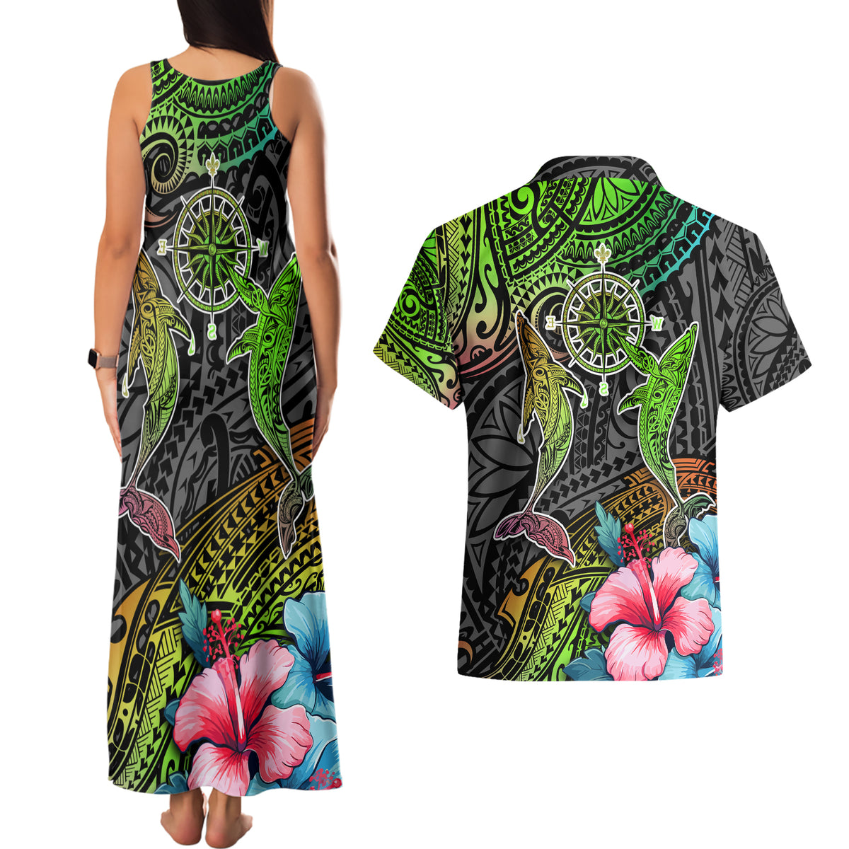 Polynesian Couples Matching Tank Maxi Dress and Hawaiian Shirt Whales and Compass Gradient Pattern - Wonder Print Shop