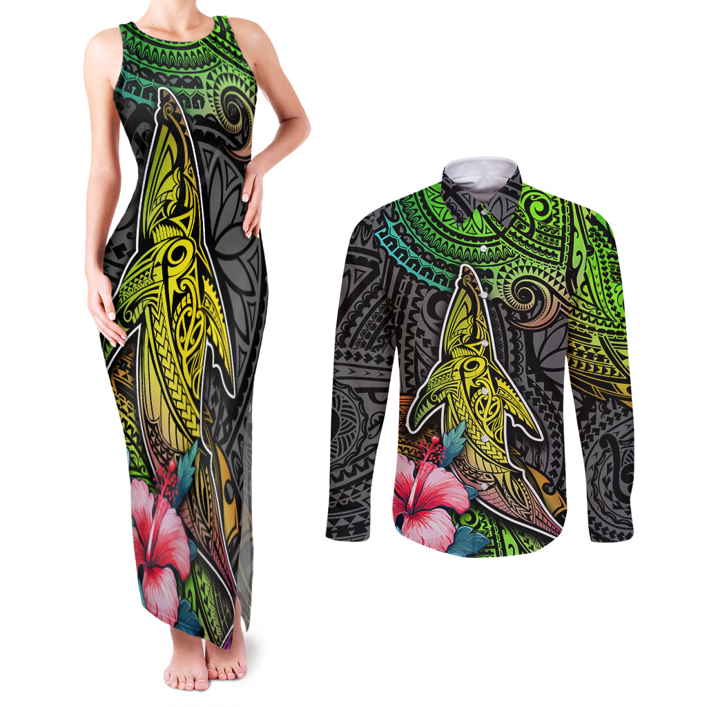 Polynesian Couples Matching Tank Maxi Dress and Long Sleeve Button Shirts Whales and Compass Gradient Pattern - Wonder Print Shop