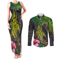 Polynesian Couples Matching Tank Maxi Dress and Long Sleeve Button Shirts Whales and Compass Gradient Pattern - Wonder Print Shop