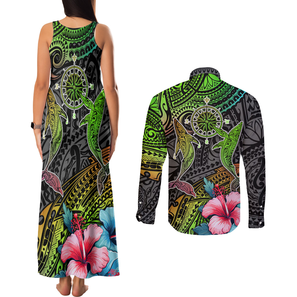 Polynesian Couples Matching Tank Maxi Dress and Long Sleeve Button Shirts Whales and Compass Gradient Pattern - Wonder Print Shop
