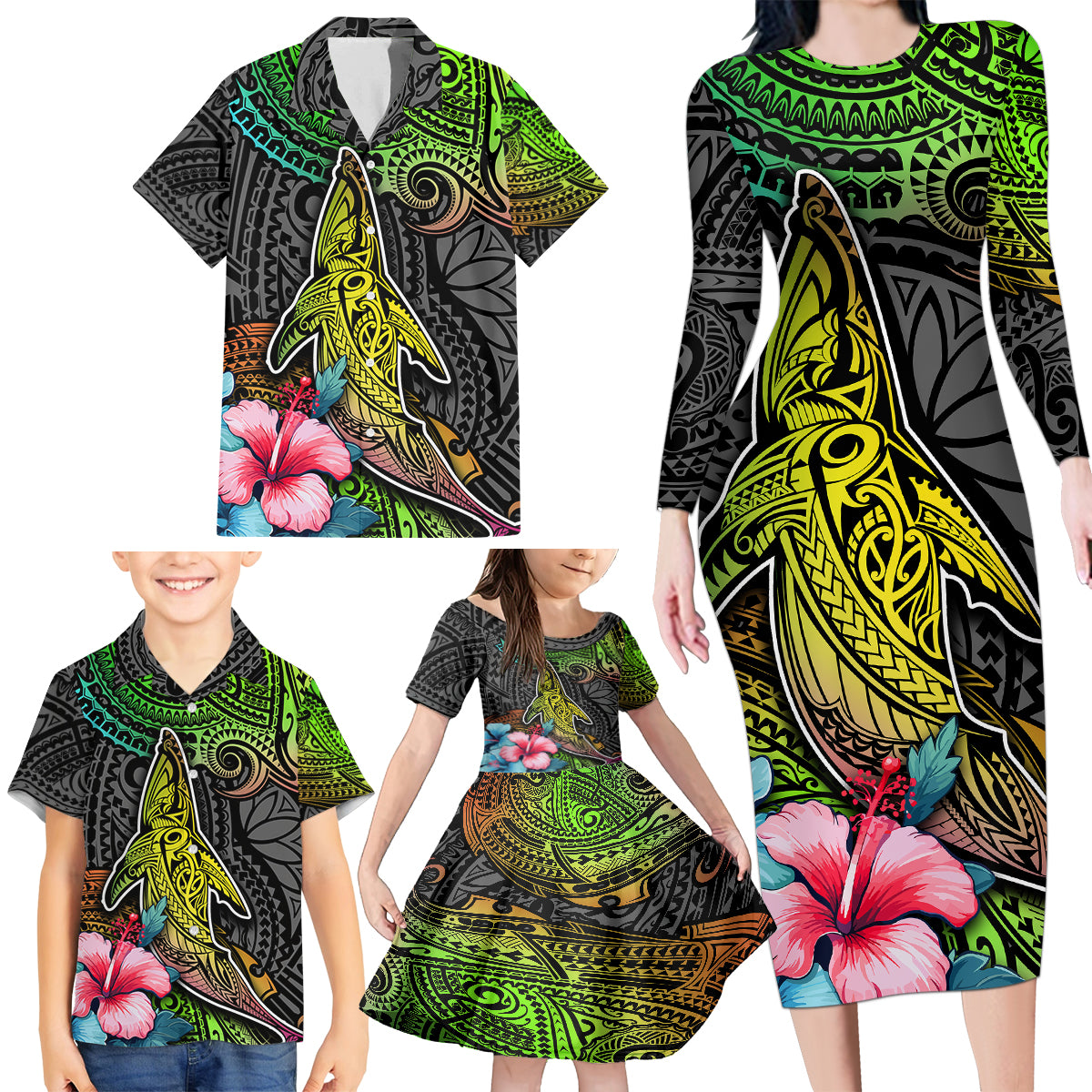 Polynesian Family Matching Long Sleeve Bodycon Dress and Hawaiian Shirt Whales and Compass Gradient Pattern - Wonder Print Shop