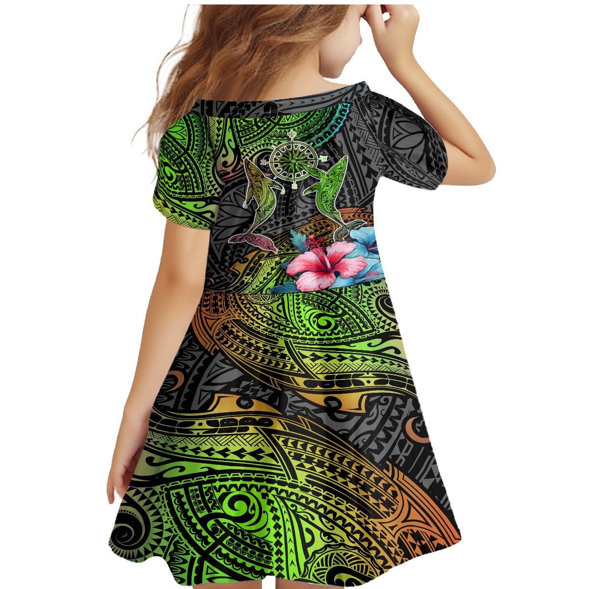 Polynesian Family Matching Mermaid Dress and Hawaiian Shirt Whales and Compass Gradient Pattern - Wonder Print Shop