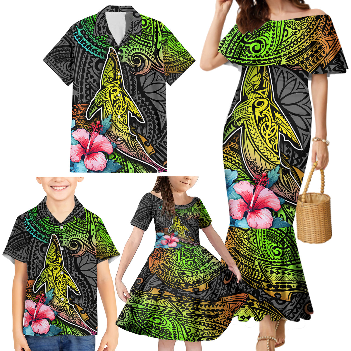 Polynesian Family Matching Mermaid Dress and Hawaiian Shirt Whales and Compass Gradient Pattern - Wonder Print Shop