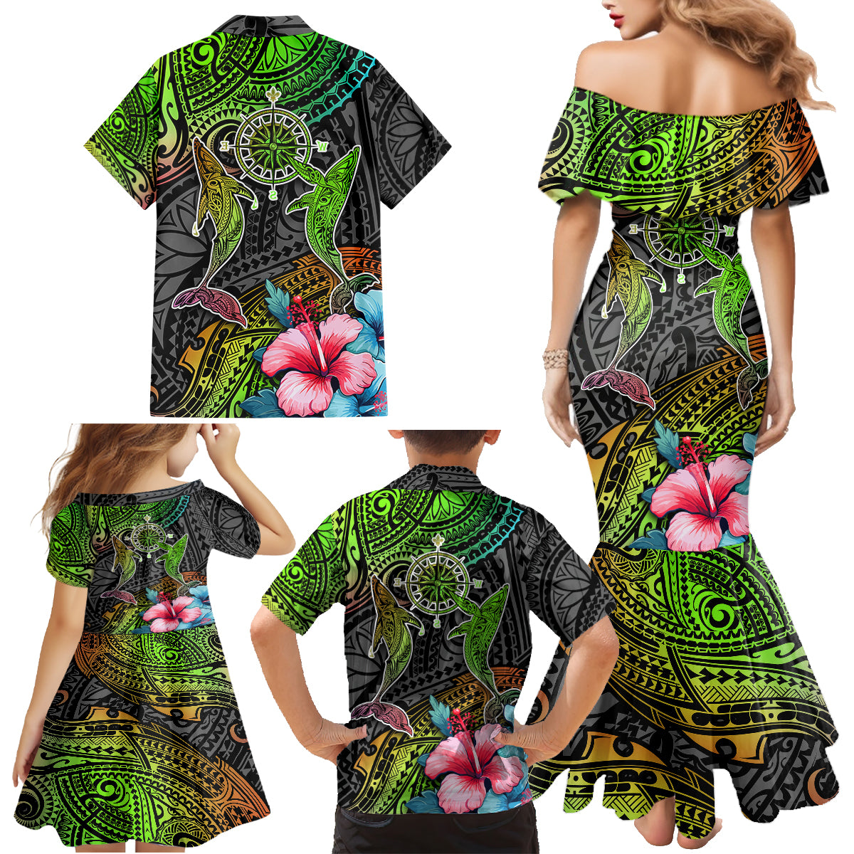 Polynesian Family Matching Mermaid Dress and Hawaiian Shirt Whales and Compass Gradient Pattern - Wonder Print Shop