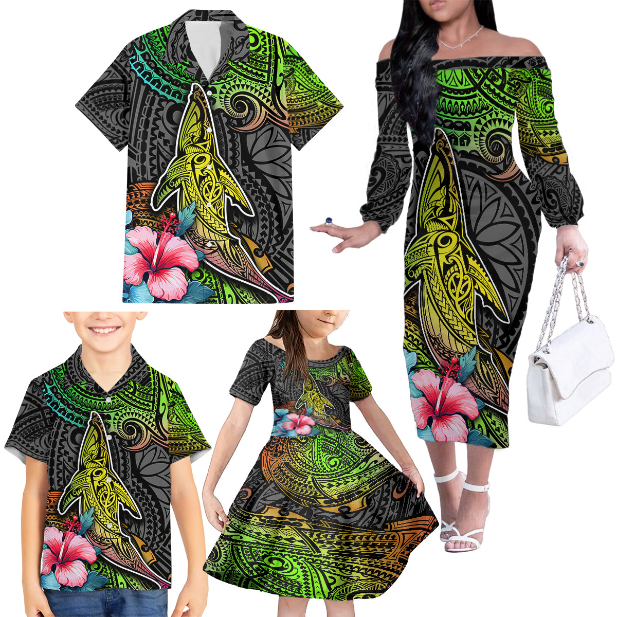 Polynesian Family Matching Off Shoulder Long Sleeve Dress and Hawaiian Shirt Whales and Compass Gradient Pattern - Wonder Print Shop