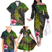 Polynesian Family Matching Off Shoulder Long Sleeve Dress and Hawaiian Shirt Whales and Compass Gradient Pattern - Wonder Print Shop