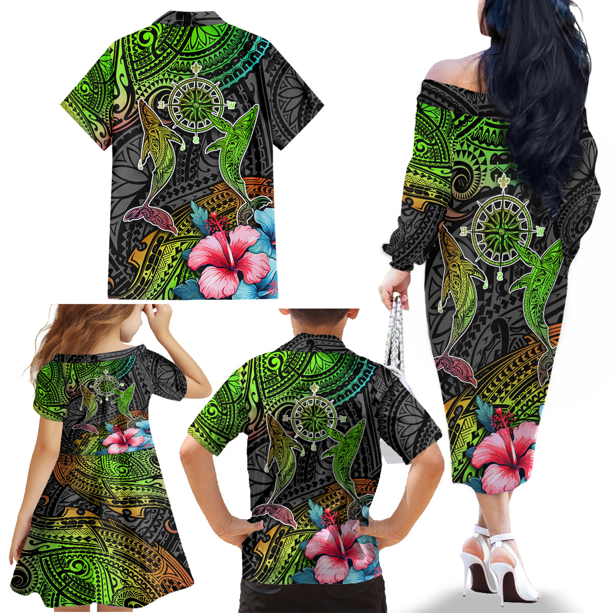 Polynesian Family Matching Off Shoulder Long Sleeve Dress and Hawaiian Shirt Whales and Compass Gradient Pattern - Wonder Print Shop
