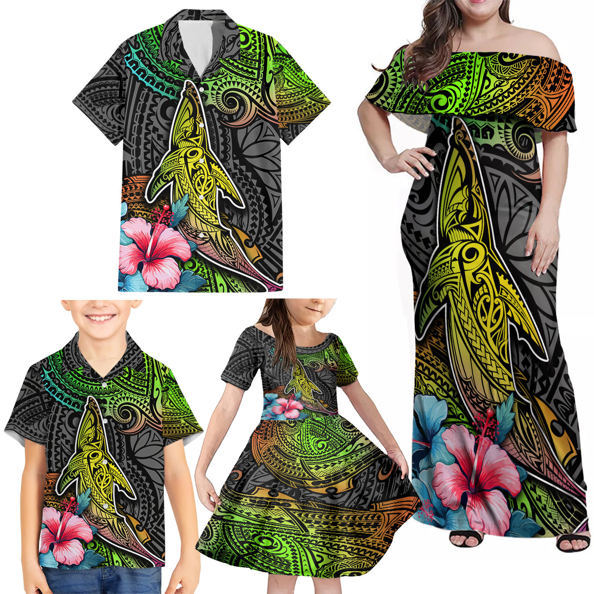 Polynesian Family Matching Off Shoulder Maxi Dress and Hawaiian Shirt Whales and Compass Gradient Pattern - Wonder Print Shop