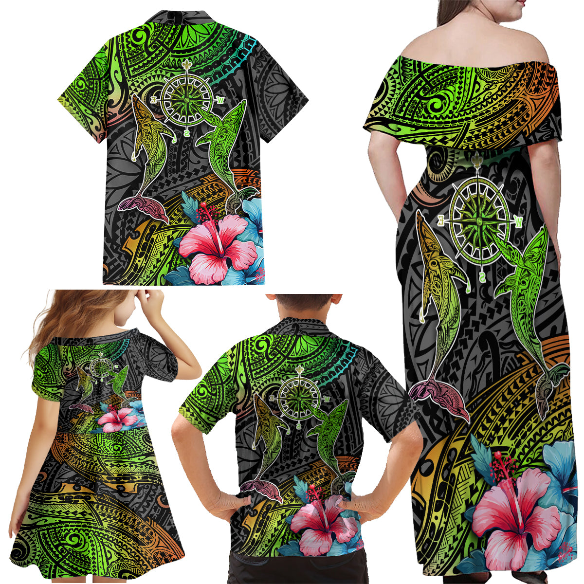 Polynesian Family Matching Off Shoulder Maxi Dress and Hawaiian Shirt Whales and Compass Gradient Pattern - Wonder Print Shop