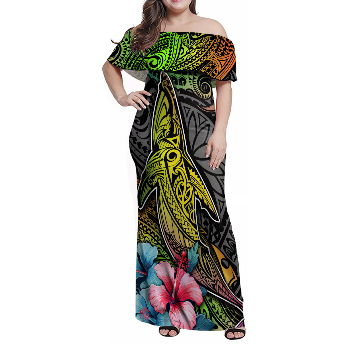 Polynesian Family Matching Off Shoulder Maxi Dress and Hawaiian Shirt Whales and Compass Gradient Pattern - Wonder Print Shop