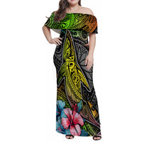 Polynesian Family Matching Off Shoulder Maxi Dress and Hawaiian Shirt Whales and Compass Gradient Pattern - Wonder Print Shop