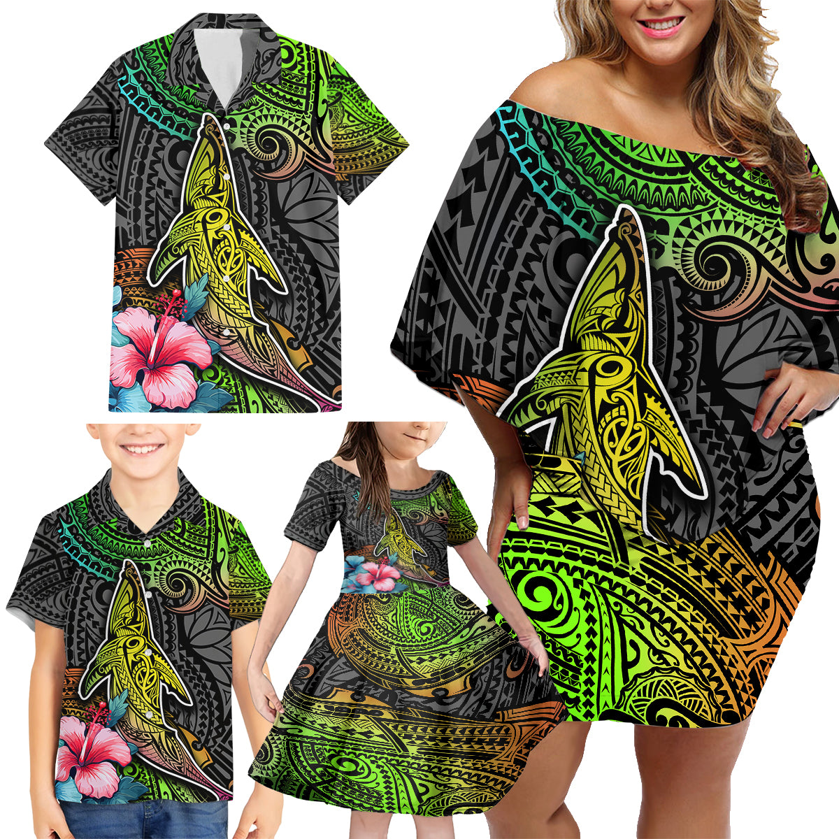 Polynesian Family Matching Off Shoulder Short Dress and Hawaiian Shirt Whales and Compass Gradient Pattern - Wonder Print Shop