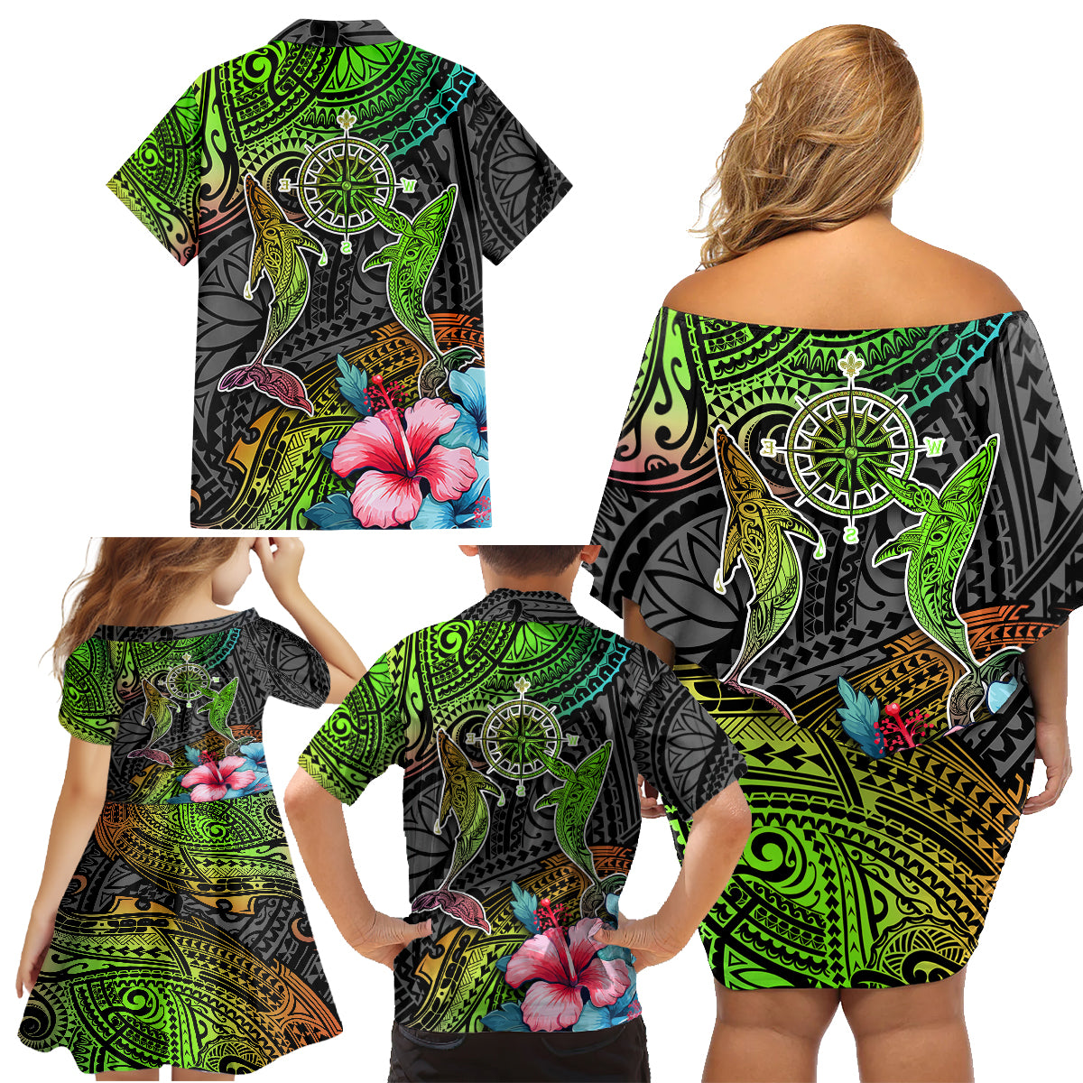 Polynesian Family Matching Off Shoulder Short Dress and Hawaiian Shirt Whales and Compass Gradient Pattern - Wonder Print Shop