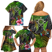 Polynesian Family Matching Off Shoulder Short Dress and Hawaiian Shirt Whales and Compass Gradient Pattern - Wonder Print Shop